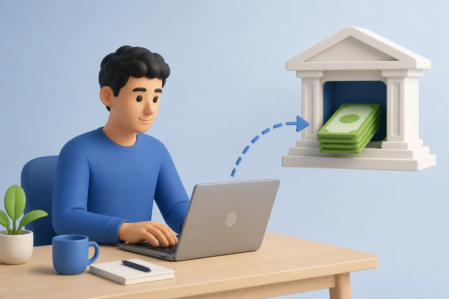 A freelancer working at a laptop while a dashed arrow sends cash into a bank building, illustrating a remote USD transfer